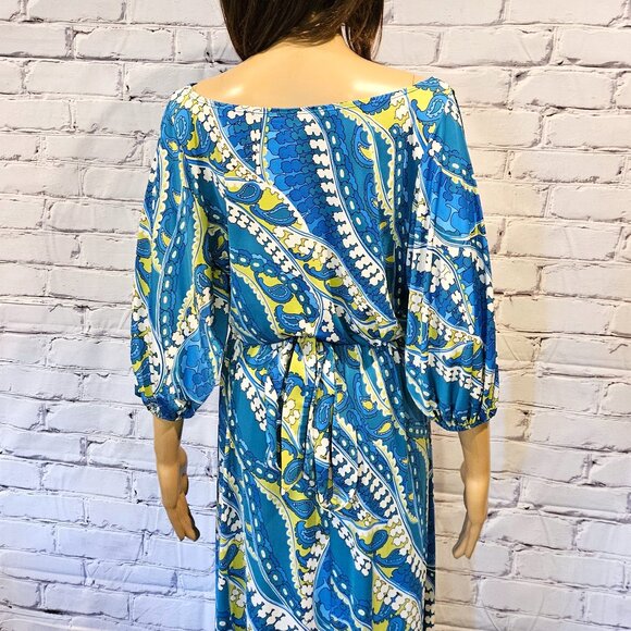 NIKKI POULOS, Turquoise/lime green print cold shoulder maxi Hydra dress - Picture 11 of 15